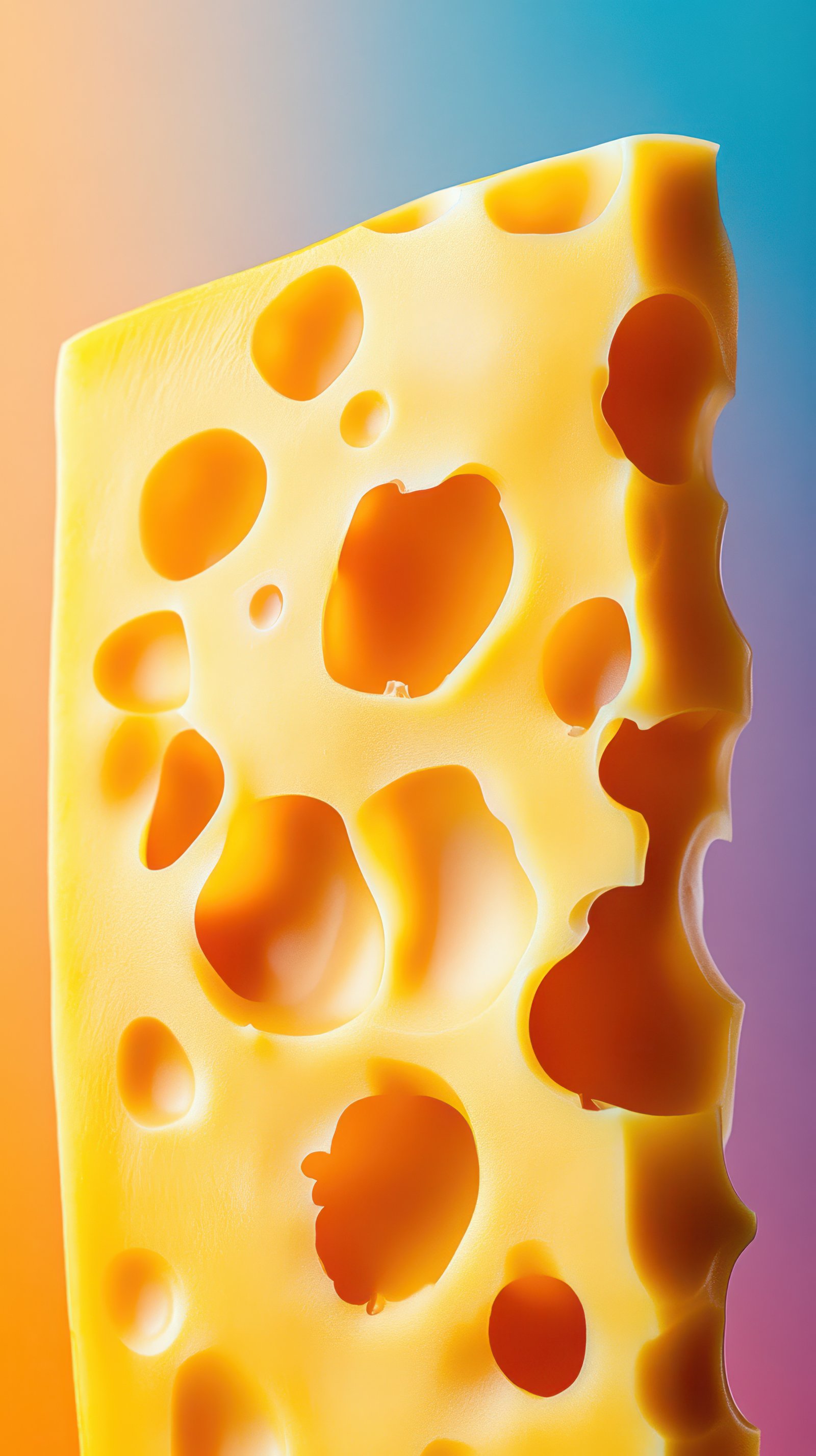 Close-up view of a piece of cheese with holes against a colorful gradient background during daylight